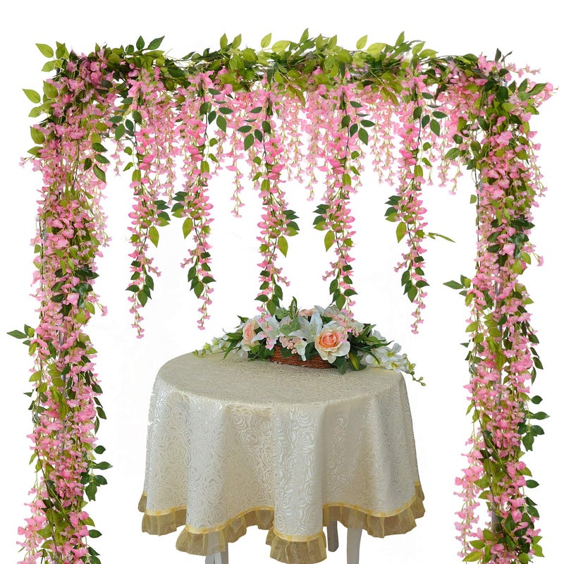 Lvydec Wisteria Artificial Flowers Garland, 4 Pcs Total 28.8ft Artificial Wisteria Vine Silk Hanging Flower for Home Garden Outdoor Ceremony Wedding Arch Floral Decor (Pink) - Image 3